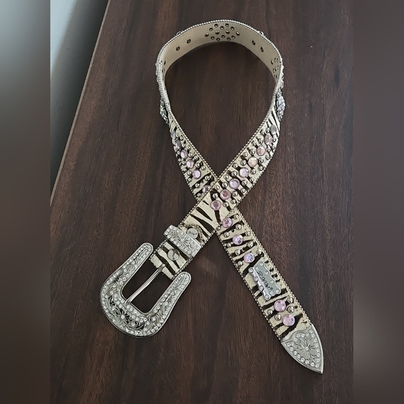 BHW Pink Rhinestone Leather Zebra Print Belt Size M - Picture 2 of 8